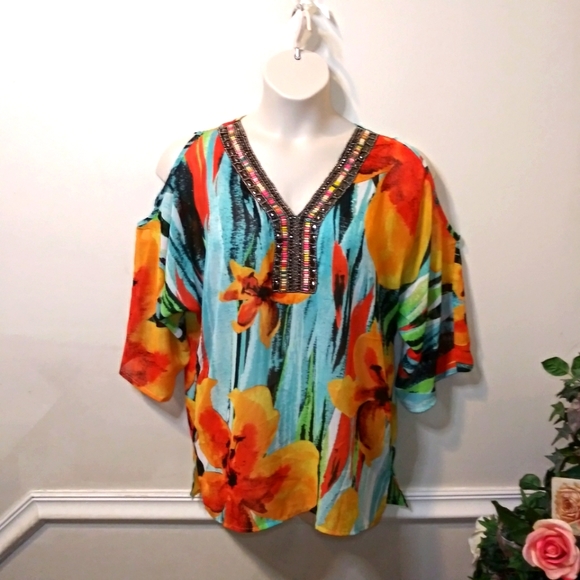 Melissa Paige Orange, Green/Blue Tropical Floral Beaded Tunic Top Swimsuit Cover - Picture 9 of 9